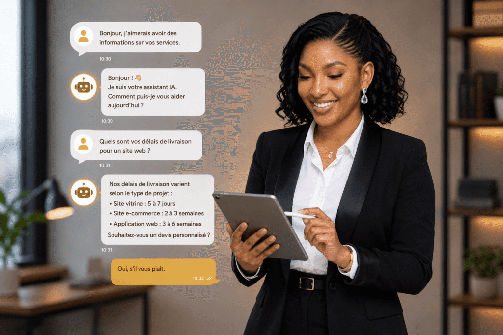 service client entrepreneur utilisant un chatbotassistant ia contrast digital web